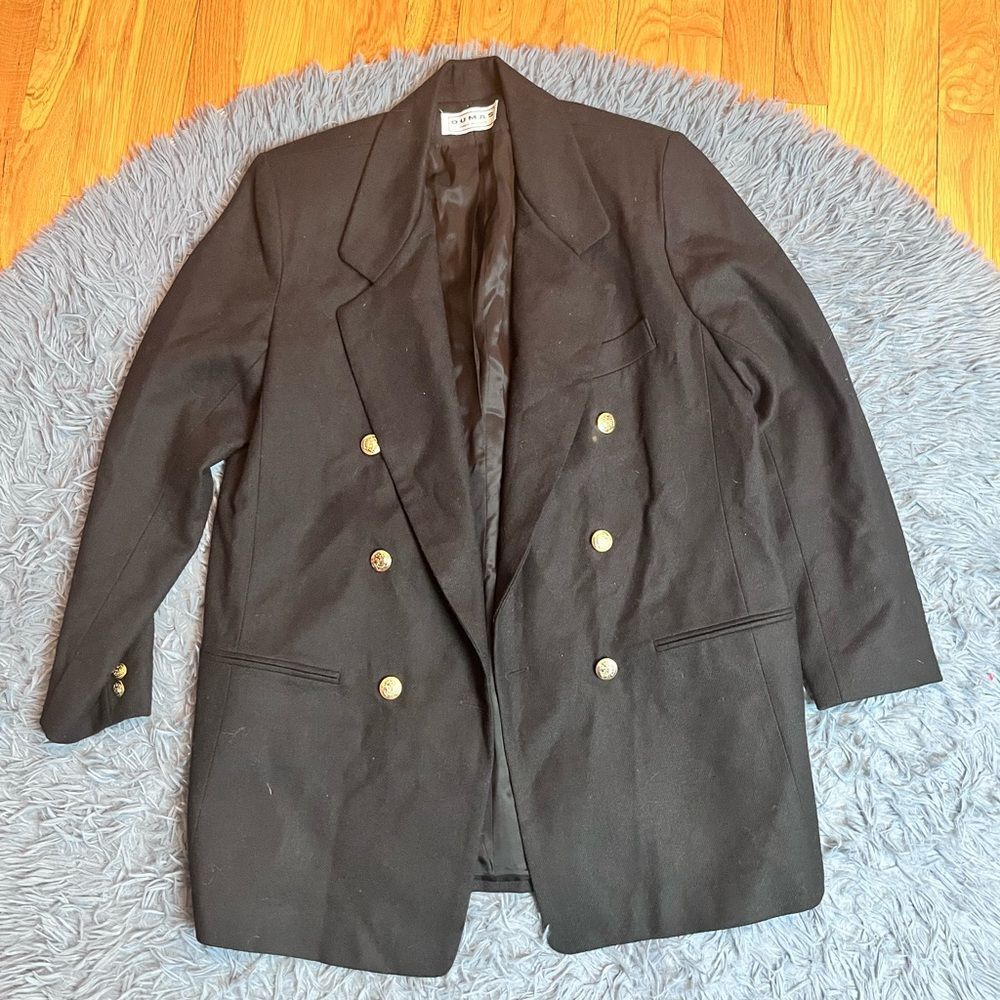 Dumas Vintage Black Wool Double Breasted Long Blazer Size 14 Made in USA